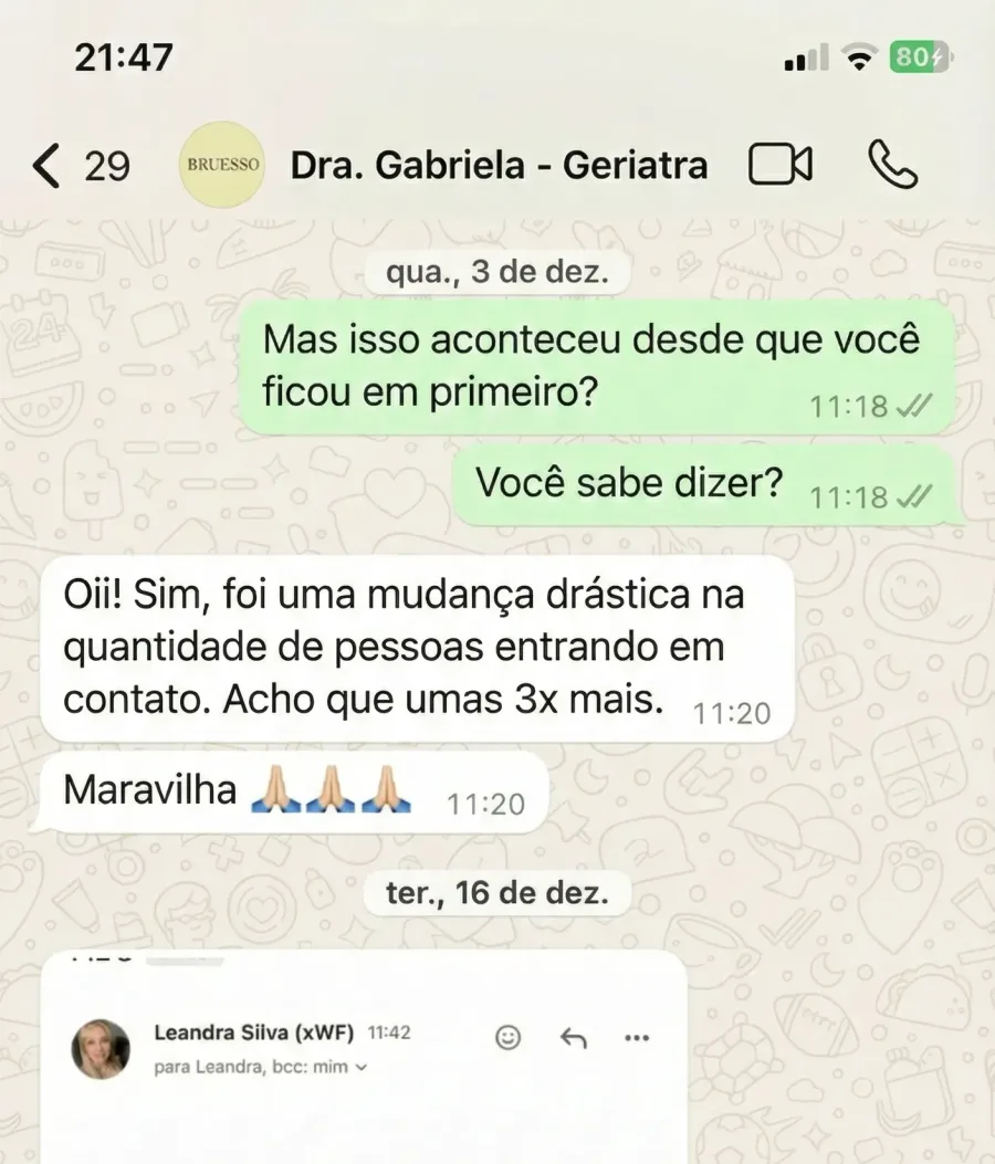 Print de WhatsApp: Dra. Gabriela diz que houve uma mudança drástica, cerca de 3 vezes mais pessoas entrando em contato