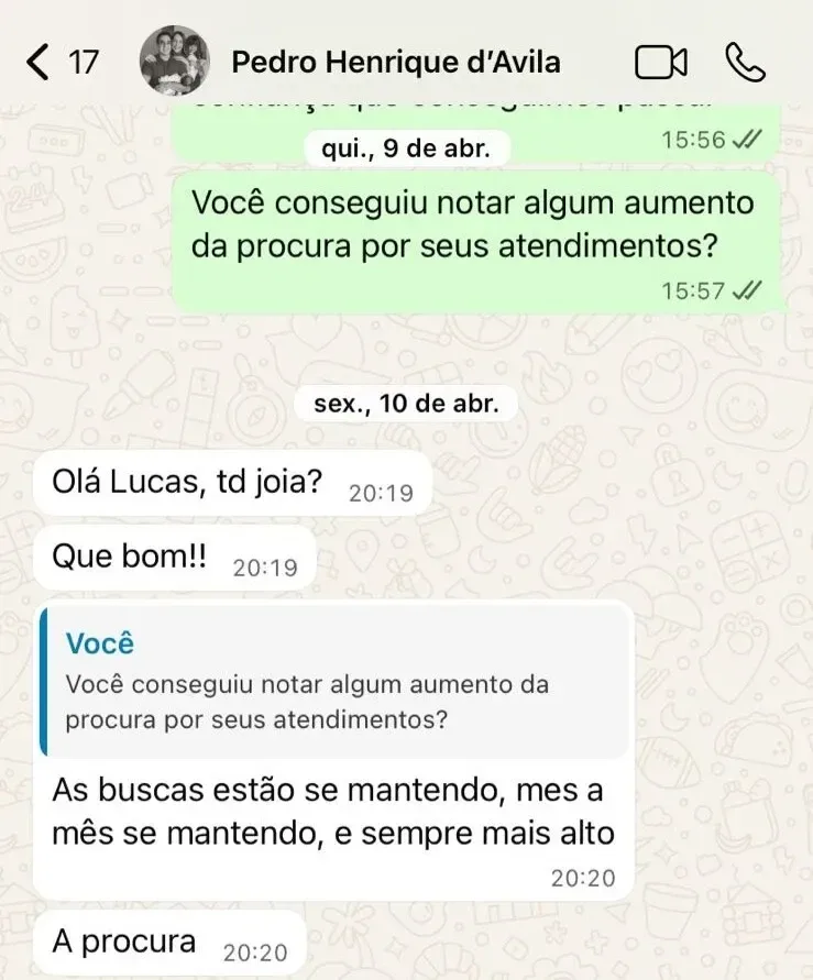 Print de WhatsApp: Dr. Pedro d'Avila diz que as buscas se mantêm mês a mês e sempre mais altas