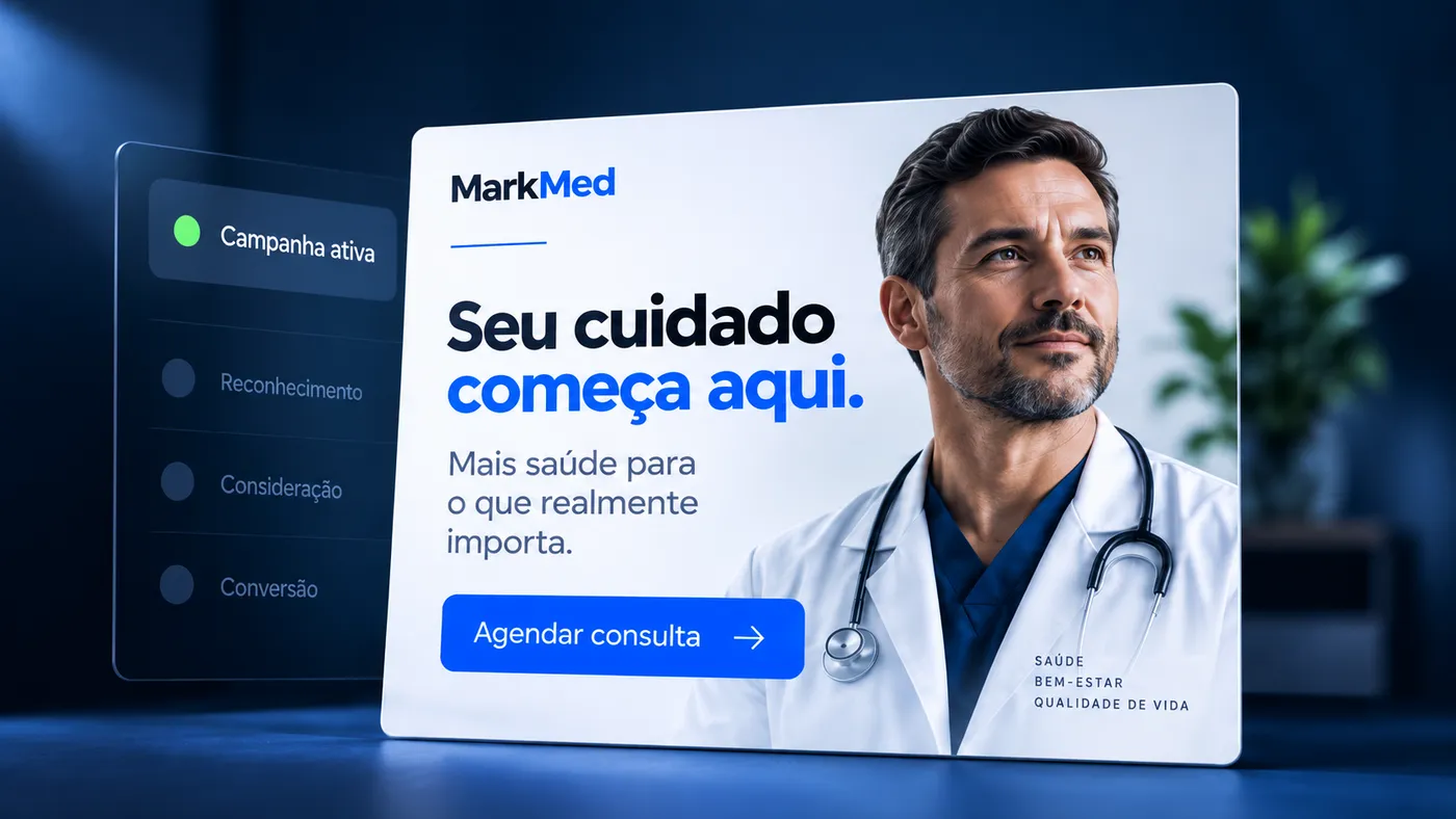 Anúncio de clínica com campanha ativa e etapas do funil
