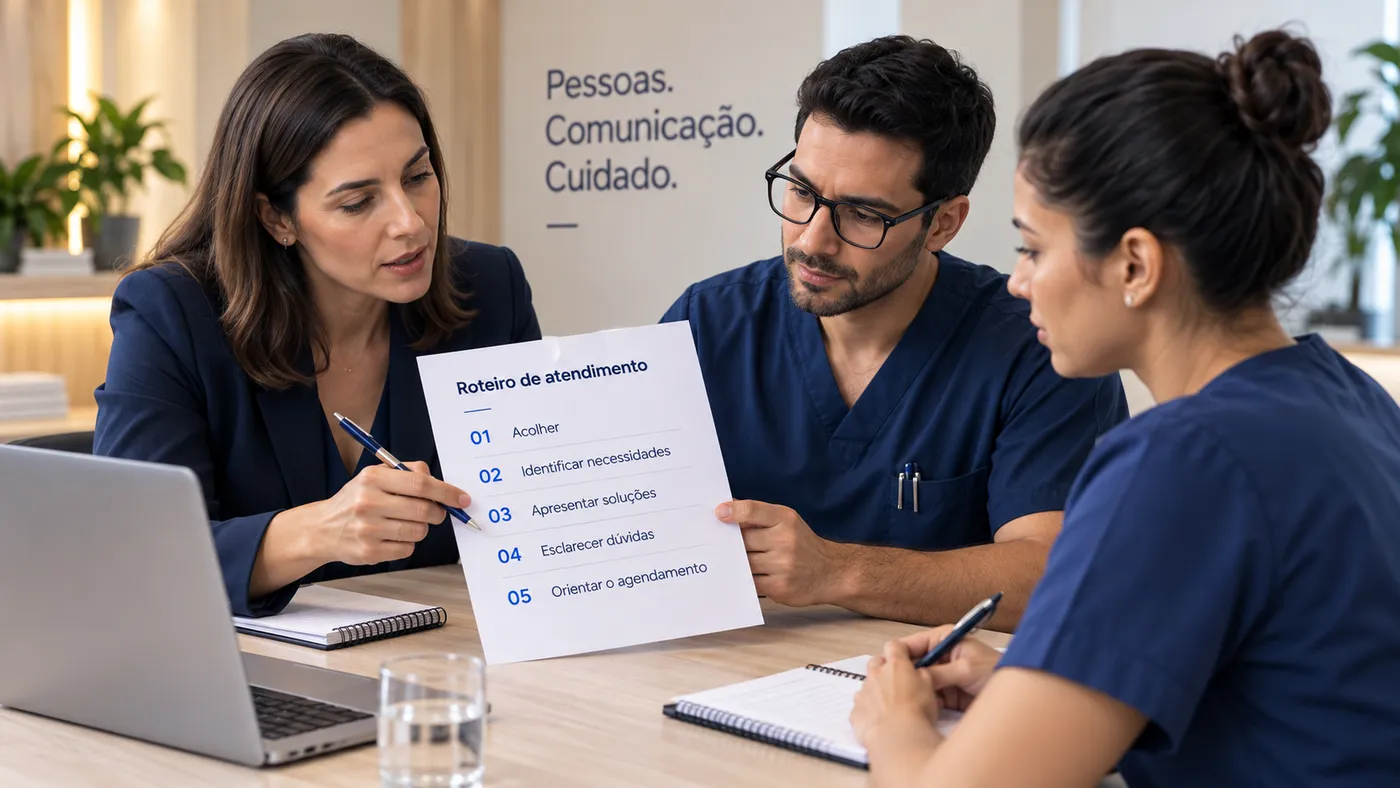 Equipe de clínica revisando um roteiro de atendimento